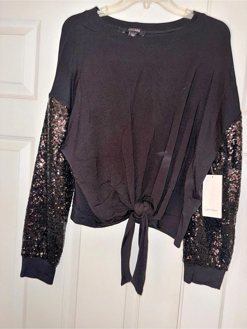 Karin Kane Sequin Sleeve Tie-Front Top in Black Size Medium NWT